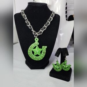Boho Southwestern Green Horseshoe Pendant Necklace and Earrings Set Cowgirl